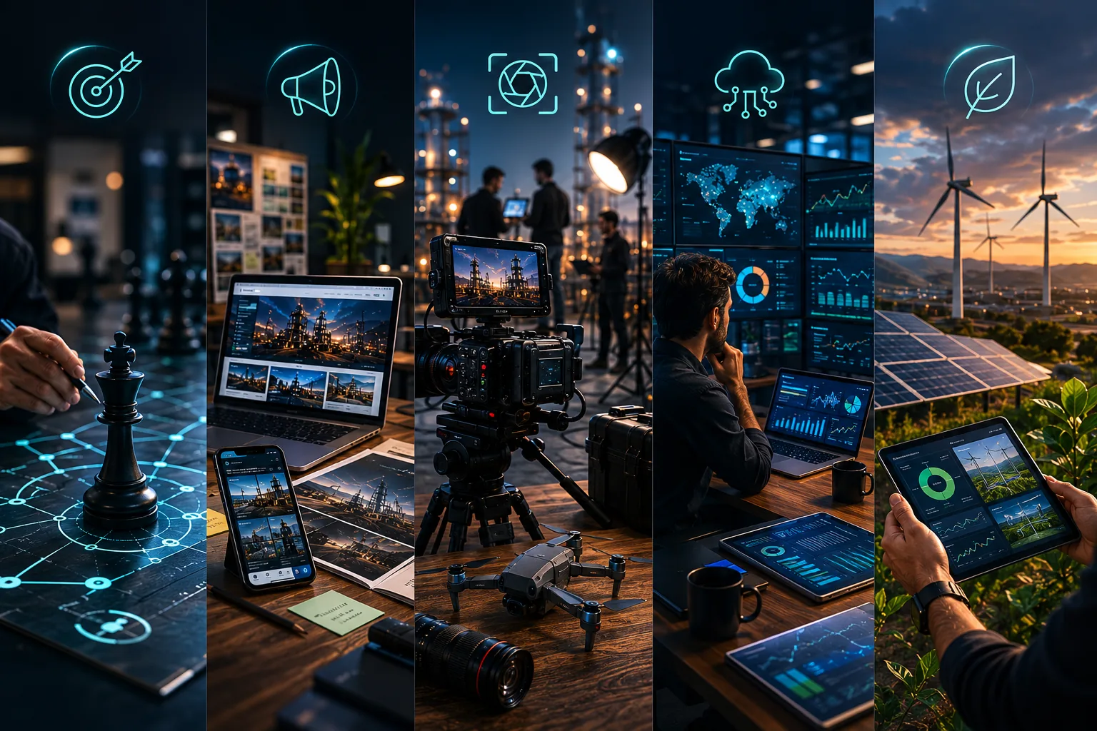 Workspace ejecutivo con múltiples herramientas — representa la integralidad de servicios B2B de Impulsify